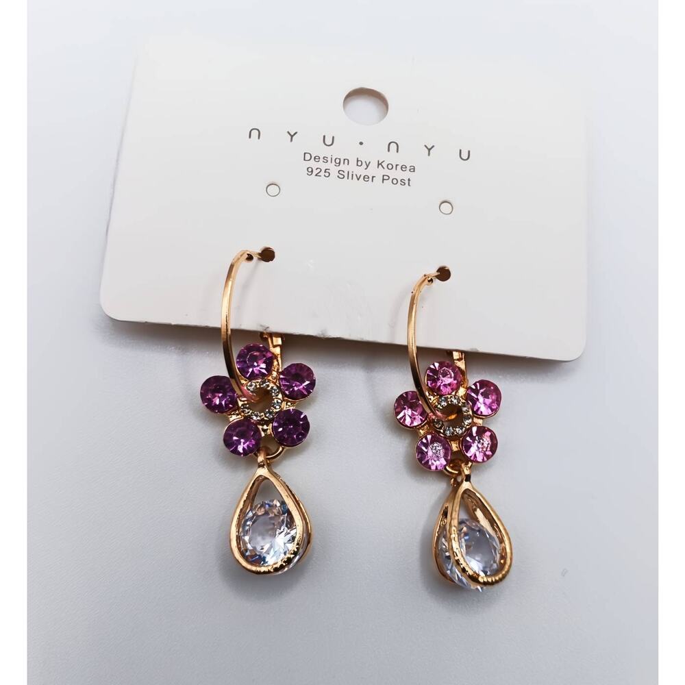 Sterling Silver Pink Crystal Flower Drop Hoop Leverback Earrings